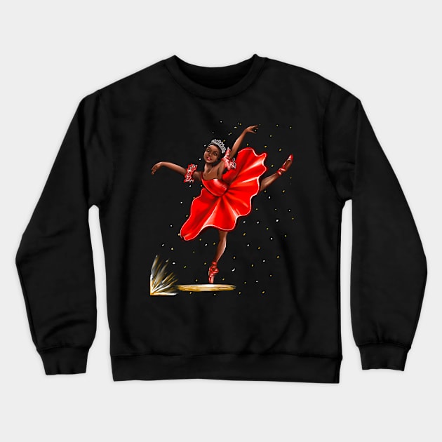 Ballet, African American ballerina in red pointe shoes, dress and crown - ballerina doing pirouette in red tutu and red shoes  - brown skin ballerina Crewneck Sweatshirt by Artonmytee